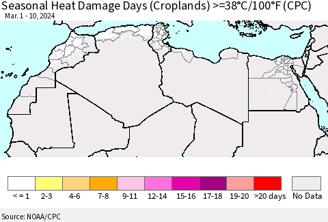 North Africa Seasonal Heat Damage Days (Croplands) >=38°C/100°F (CPC) Thematic Map For 3/1/2024 - 3/10/2024