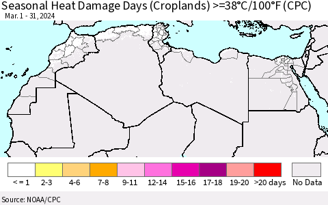 North Africa Seasonal Heat Damage Days (Croplands) >=38°C/100°F (CPC) Thematic Map For 3/1/2024 - 3/31/2024