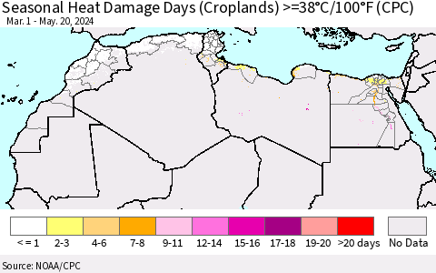 North Africa Seasonal Heat Damage Days (Croplands) >=38°C/100°F (CPC) Thematic Map For 3/1/2024 - 5/20/2024