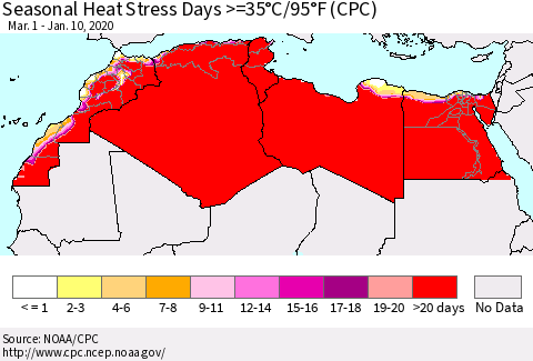 North Africa Seasonal Heat Stress Days >=35°C/95°F (CPC) Thematic Map For 3/1/2019 - 1/10/2020