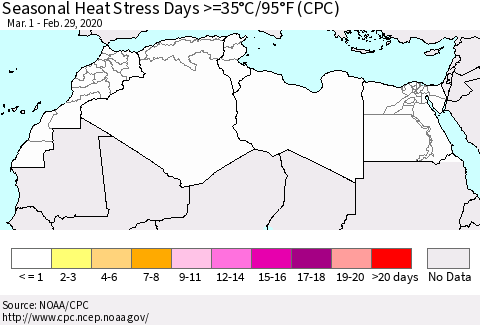 North Africa Seasonal Heat Stress Days >=35°C/95°F (CPC) Thematic Map For 3/1/2019 - 2/29/2020