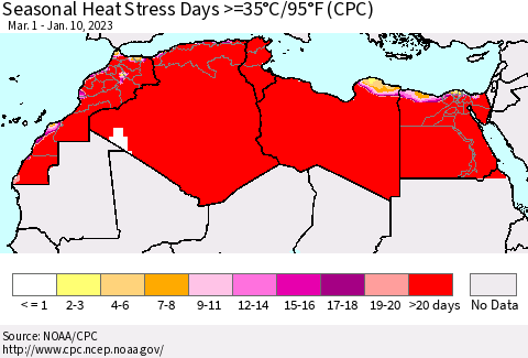 North Africa Seasonal Heat Stress Days >=35°C/95°F (CPC) Thematic Map For 3/1/2022 - 1/10/2023