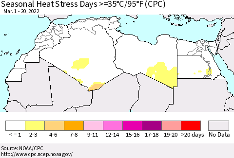 North Africa Seasonal Heat Stress Days >=35°C/95°F (CPC) Thematic Map For 3/1/2022 - 3/20/2022