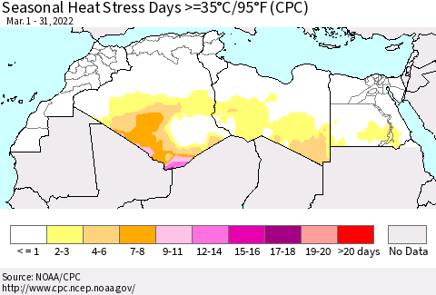 North Africa Seasonal Heat Stress Days >=35°C/95°F (CPC) Thematic Map For 3/1/2022 - 3/31/2022