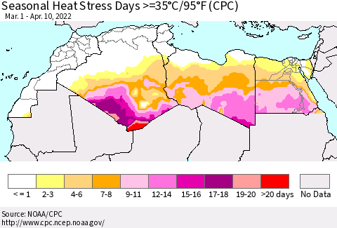 North Africa Seasonal Heat Stress Days >=35°C/95°F (CPC) Thematic Map For 3/1/2022 - 4/10/2022