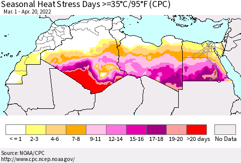 North Africa Seasonal Heat Stress Days >=35°C/95°F (CPC) Thematic Map For 3/1/2022 - 4/20/2022