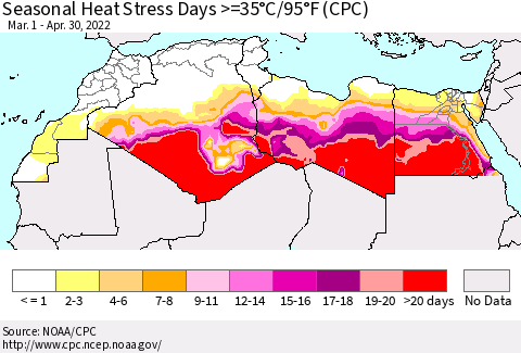 North Africa Seasonal Heat Stress Days >=35°C/95°F (CPC) Thematic Map For 3/1/2022 - 4/30/2022