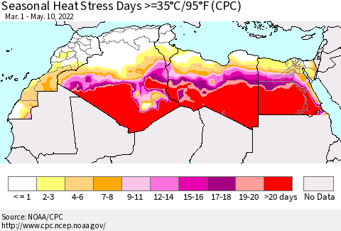 North Africa Seasonal Heat Stress Days >=35°C/95°F (CPC) Thematic Map For 3/1/2022 - 5/10/2022