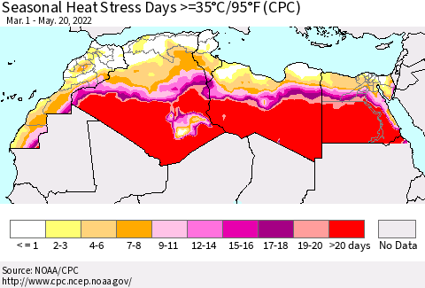 North Africa Seasonal Heat Stress Days >=35°C/95°F (CPC) Thematic Map For 3/1/2022 - 5/20/2022