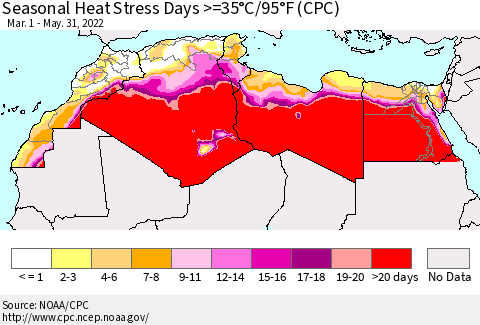 North Africa Seasonal Heat Stress Days >=35°C/95°F (CPC) Thematic Map For 3/1/2022 - 5/31/2022