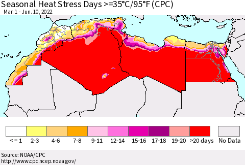 North Africa Seasonal Heat Stress Days >=35°C/95°F (CPC) Thematic Map For 3/1/2022 - 6/10/2022