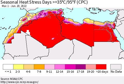 North Africa Seasonal Heat Stress Days >=35°C/95°F (CPC) Thematic Map For 3/1/2022 - 6/20/2022