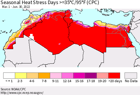 North Africa Seasonal Heat Stress Days >=35°C/95°F (CPC) Thematic Map For 3/1/2022 - 6/30/2022