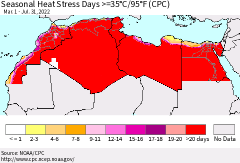 North Africa Seasonal Heat Stress Days >=35°C/95°F (CPC) Thematic Map For 3/1/2022 - 7/31/2022