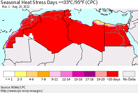 North Africa Seasonal Heat Stress Days >=35°C/95°F (CPC) Thematic Map For 3/1/2022 - 8/20/2022