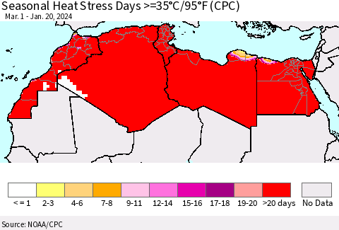 North Africa Seasonal Heat Stress Days >=35°C/95°F (CPC) Thematic Map For 3/1/2023 - 1/20/2024