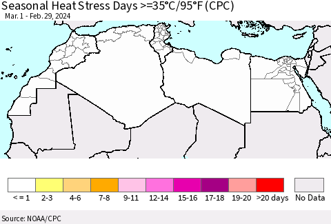North Africa Seasonal Heat Stress Days >=35°C/95°F (CPC) Thematic Map For 3/1/2023 - 2/29/2024