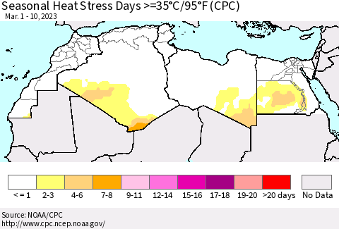North Africa Seasonal Heat Stress Days >=35°C/95°F (CPC) Thematic Map For 3/1/2023 - 3/10/2023