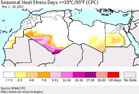North Africa Seasonal Heat Stress Days >=35°C/95°F (CPC) Thematic Map For 3/1/2023 - 3/20/2023