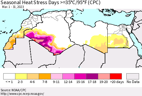North Africa Seasonal Heat Stress Days >=35°C/95°F (CPC) Thematic Map For 3/1/2023 - 3/31/2023