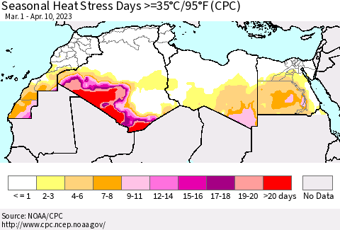 North Africa Seasonal Heat Stress Days >=35°C/95°F (CPC) Thematic Map For 3/1/2023 - 4/10/2023