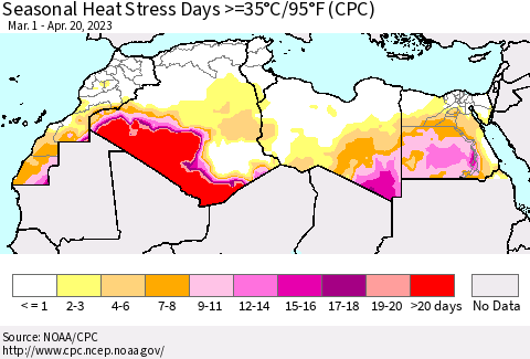 North Africa Seasonal Heat Stress Days >=35°C/95°F (CPC) Thematic Map For 3/1/2023 - 4/20/2023