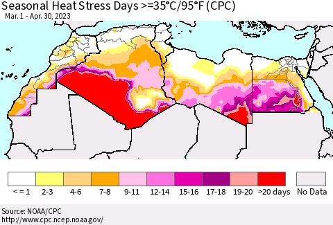 North Africa Seasonal Heat Stress Days >=35°C/95°F (CPC) Thematic Map For 3/1/2023 - 4/30/2023