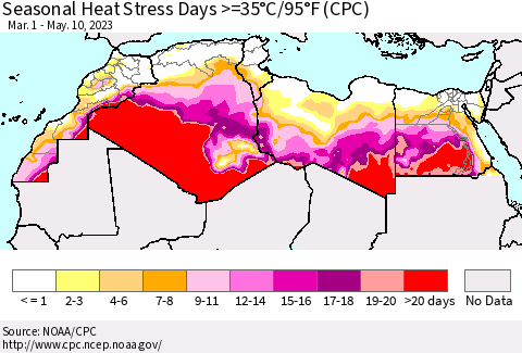 North Africa Seasonal Heat Stress Days >=35°C/95°F (CPC) Thematic Map For 3/1/2023 - 5/10/2023