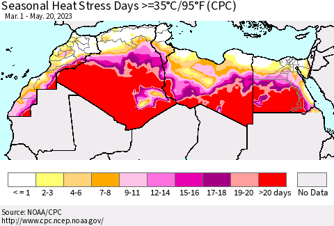 North Africa Seasonal Heat Stress Days >=35°C/95°F (CPC) Thematic Map For 3/1/2023 - 5/20/2023