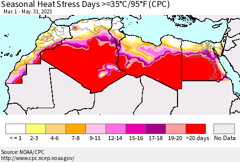 North Africa Seasonal Heat Stress Days >=35°C/95°F (CPC) Thematic Map For 3/1/2023 - 5/31/2023