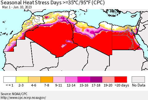 North Africa Seasonal Heat Stress Days >=35°C/95°F (CPC) Thematic Map For 3/1/2023 - 6/10/2023