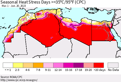 North Africa Seasonal Heat Stress Days >=35°C/95°F (CPC) Thematic Map For 3/1/2023 - 6/20/2023