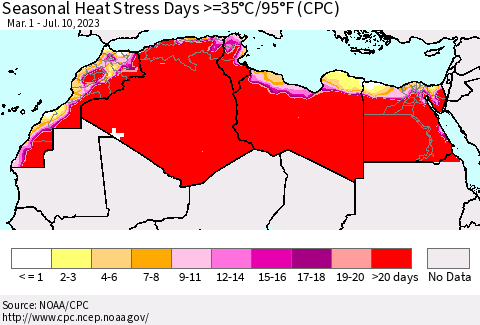 North Africa Seasonal Heat Stress Days >=35°C/95°F (CPC) Thematic Map For 3/1/2023 - 7/10/2023