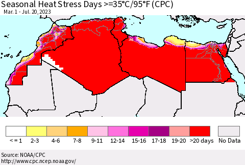 North Africa Seasonal Heat Stress Days >=35°C/95°F (CPC) Thematic Map For 3/1/2023 - 7/20/2023