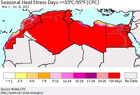 North Africa Seasonal Heat Stress Days >=35°C/95°F (CPC) Thematic Map For 3/1/2023 - 7/31/2023