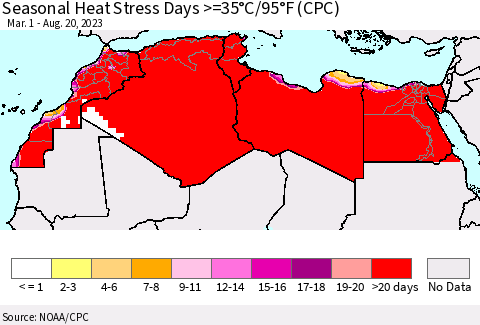 North Africa Seasonal Heat Stress Days >=35°C/95°F (CPC) Thematic Map For 3/1/2023 - 8/20/2023