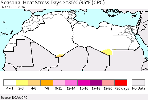 North Africa Seasonal Heat Stress Days >=35°C/95°F (CPC) Thematic Map For 3/1/2024 - 3/10/2024