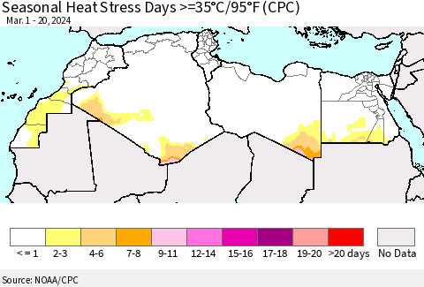 North Africa Seasonal Heat Stress Days >=35°C/95°F (CPC) Thematic Map For 3/1/2024 - 3/20/2024