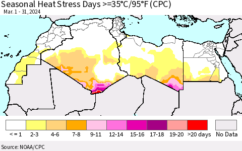 North Africa Seasonal Heat Stress Days >=35°C/95°F (CPC) Thematic Map For 3/1/2024 - 3/31/2024
