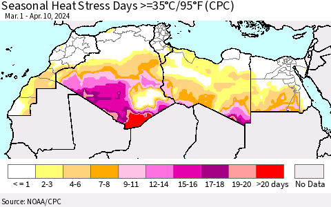 North Africa Seasonal Heat Stress Days >=35°C/95°F (CPC) Thematic Map For 3/1/2024 - 4/10/2024