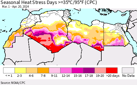 North Africa Seasonal Heat Stress Days >=35°C/95°F (CPC) Thematic Map For 3/1/2024 - 4/20/2024