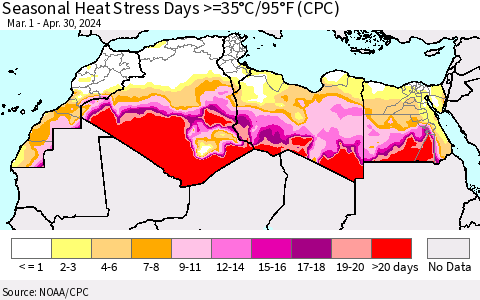 North Africa Seasonal Heat Stress Days >=35°C/95°F (CPC) Thematic Map For 3/1/2024 - 4/30/2024