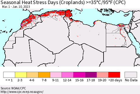 North Africa Seasonal Heat Stress Days (Croplands) >=35°C/95°F (CPC) Thematic Map For 3/1/2022 - 1/10/2023