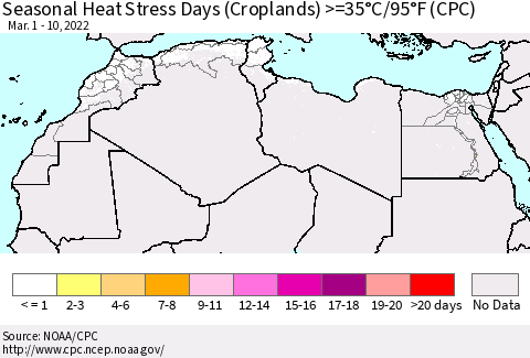 North Africa Seasonal Heat Stress Days (Croplands) >=35°C/95°F (CPC) Thematic Map For 3/1/2022 - 3/10/2022