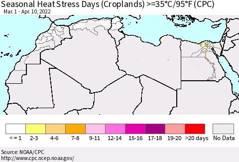 North Africa Seasonal Heat Stress Days (Croplands) >=35°C/95°F (CPC) Thematic Map For 3/1/2022 - 4/10/2022