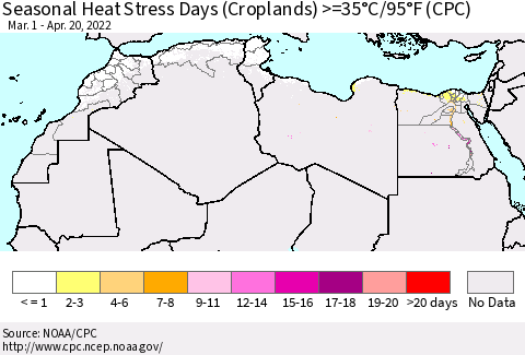 North Africa Seasonal Heat Stress Days (Croplands) >=35°C/95°F (CPC) Thematic Map For 3/1/2022 - 4/20/2022