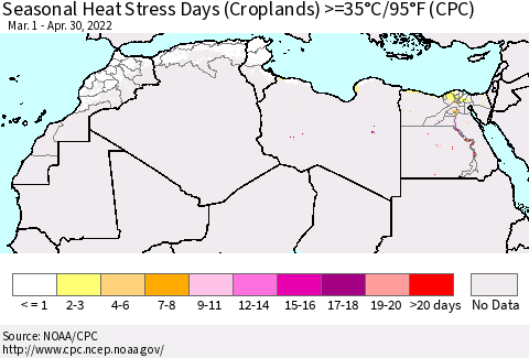 North Africa Seasonal Heat Stress Days (Croplands) >=35°C/95°F (CPC) Thematic Map For 3/1/2022 - 4/30/2022