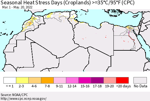 North Africa Seasonal Heat Stress Days (Croplands) >=35°C/95°F (CPC) Thematic Map For 3/1/2022 - 5/20/2022
