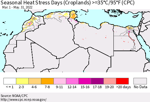 North Africa Seasonal Heat Stress Days (Croplands) >=35°C/95°F (CPC) Thematic Map For 3/1/2022 - 5/31/2022