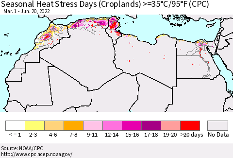 North Africa Seasonal Heat Stress Days (Croplands) >=35°C/95°F (CPC) Thematic Map For 3/1/2022 - 6/20/2022